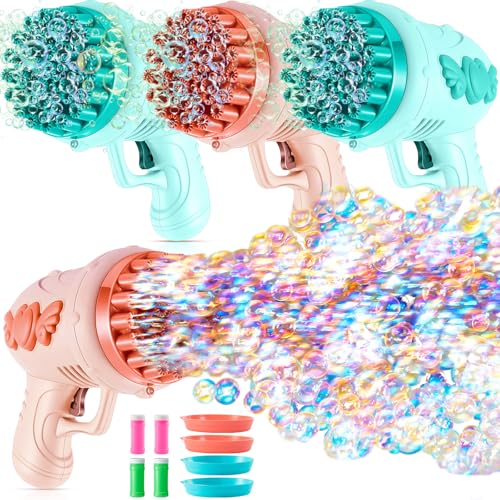 ShinyRelief 4 Pack Wedding Bubble Guns 32 Holes with Light Bottles Solution Romantic Bubble Maker for Outdoor Ceremony Wedding Party Favors Photo Props Reception Entertainment Green and Pink - Image 1