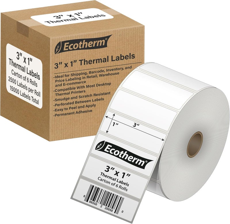 Ecotherm 3" x 1" Thermal Labels | 6 Rolls | 15000 Labels | fits Zebra, Munbyn, Rollo, Godex, Arkscan, iDPRT, Offnova Thermal Label Printers and More | Blank White Adhesive Stickers by - Image 1