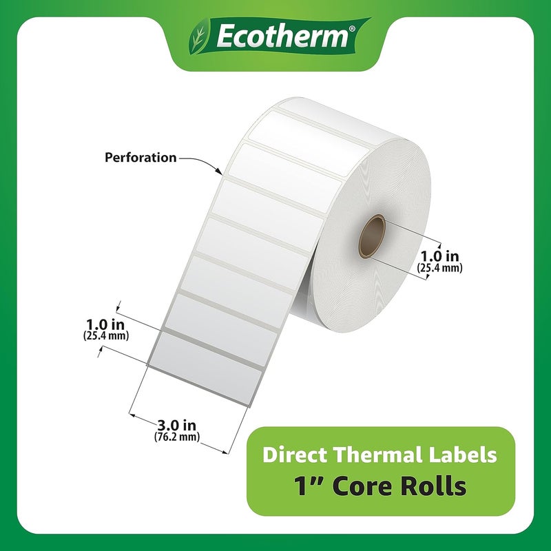 Ecotherm 3" x 1" Thermal Labels | 6 Rolls | 15000 Labels | fits Zebra, Munbyn, Rollo, Godex, Arkscan, iDPRT, Offnova Thermal Label Printers and More | Blank White Adhesive Stickers by - Image 3