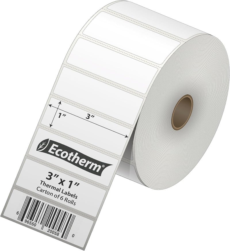 Ecotherm 3" x 1" Thermal Labels | 6 Rolls | 15000 Labels | fits Zebra, Munbyn, Rollo, Godex, Arkscan, iDPRT, Offnova Thermal Label Printers and More | Blank White Adhesive Stickers by - Image 2