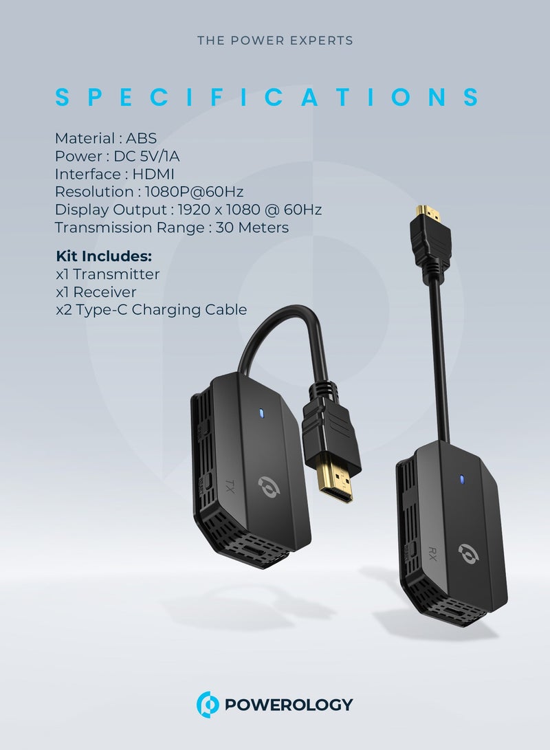 Powerology Wireless HDMI Mirroring Adaptor Pair with USB-C Cable Full HD 1080P - Black - Image 5