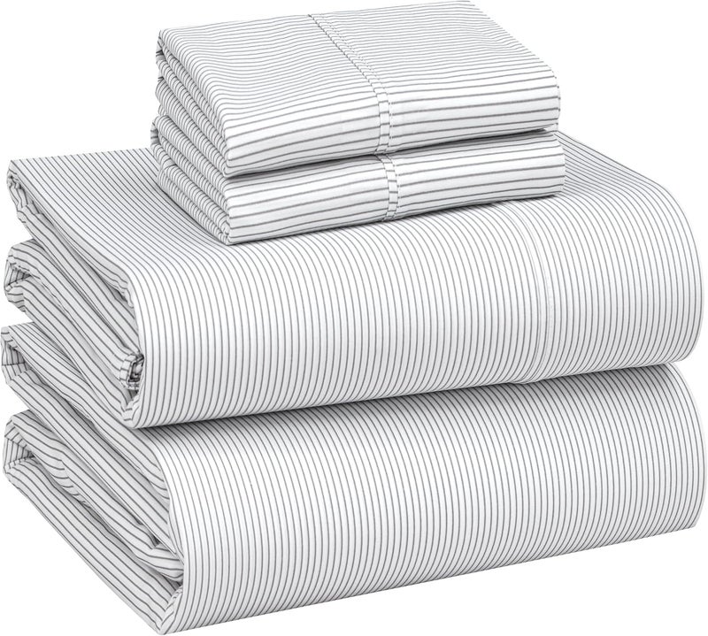 Ruvanti 100% Cotton Percale Sheets King Size – Crisp Cooling Bed Sheets for Hot Sleepers, Deep Pocket 16”, Soft Breathable & Durable Hotel-Style 4 Piece Set, Grey Pinn Stripe - Image 1