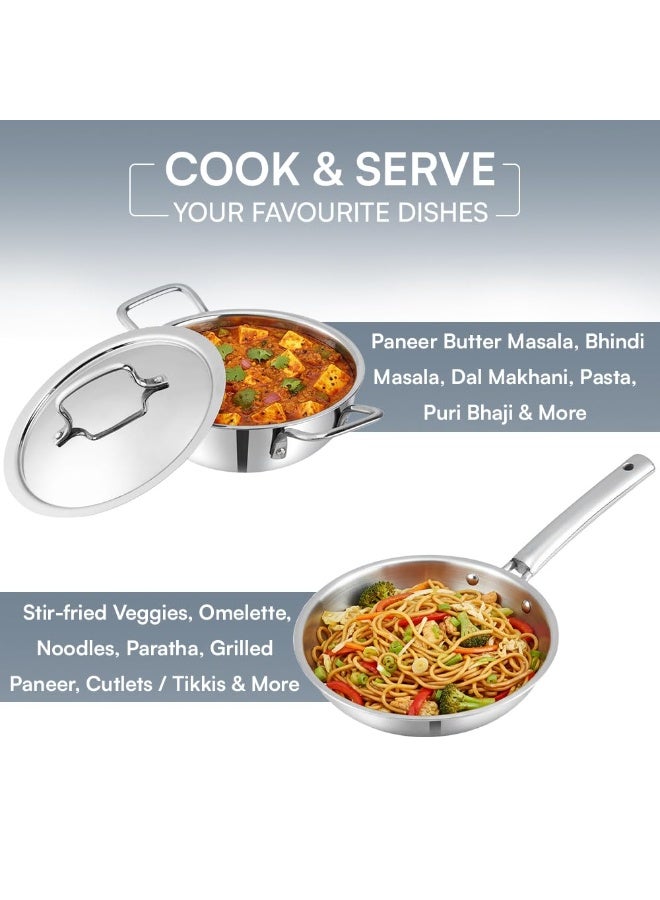 Kraft Futuretec PRO Triply Stainless Steel Cookware Set | 2.4 L Kadai (22 cm), 1.6 L Frypan (22 cm) with Common Lid | Induction & Gas Compatible - Image 4
