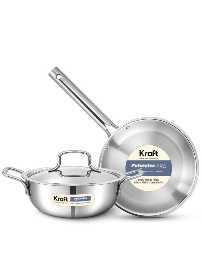 Kraft Futuretec PRO Triply Stainless Steel Cookware Set | 2.4 L Kadai (22 cm), 1.6 L Frypan (22 cm) with Common Lid | Induction & Gas Compatible - Image 1