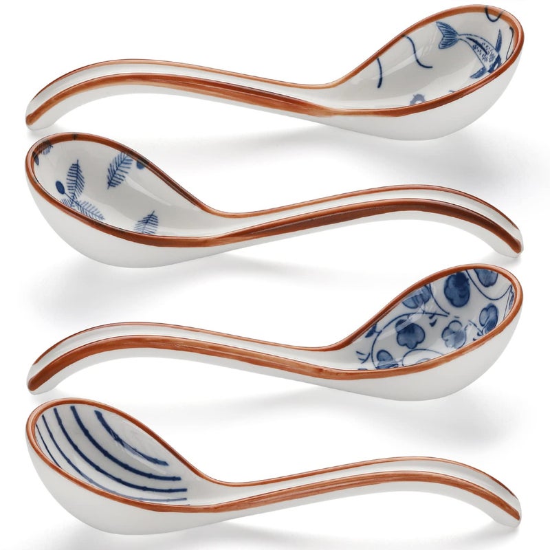 Ceramic Soup Spoons Set of 4 Porcelain Japanese Soup Spoon Long Handle Asian Soup Spoon Sets for Pho Ramen Noodles Wonton Dumpling Rice Model 5