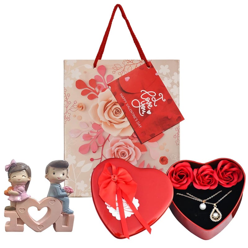 Saugat Traders Valentines Gift for Couples Red Heart Box with Roses Couple Locket for Lovers Romantic Couple Showpiece and Carry Bag Anniversary Promise Day Gift - Image 1