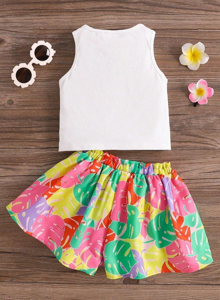 Shein Toddler Girls' Leaf Print Shorts and Bird Print T-Shirt Set- Casual or Daily Wear. - Image 2