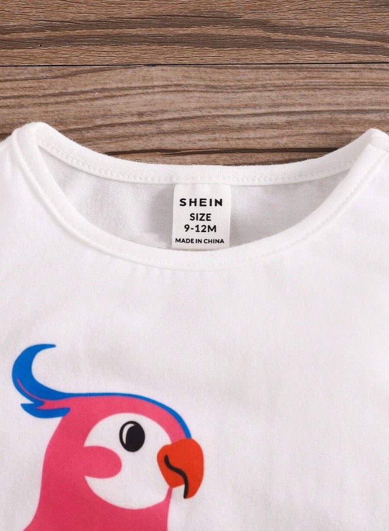 Shein Toddler Girls' Leaf Print Shorts and Bird Print T-Shirt Set- Casual or Daily Wear. - Image 3