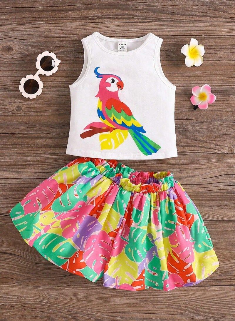Shein Toddler Girls' Leaf Print Shorts and Bird Print T-Shirt Set- Casual or Daily Wear. - Image 1