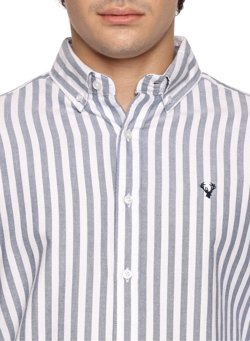 إلكة قميص رجالي بأزرار | قميص كاجوال بقصّة سليم | قمصان أكسفورد بأكمام طويلة للرجال | أكمام أنيقة - أبيض-أزرق داكن - Image 5