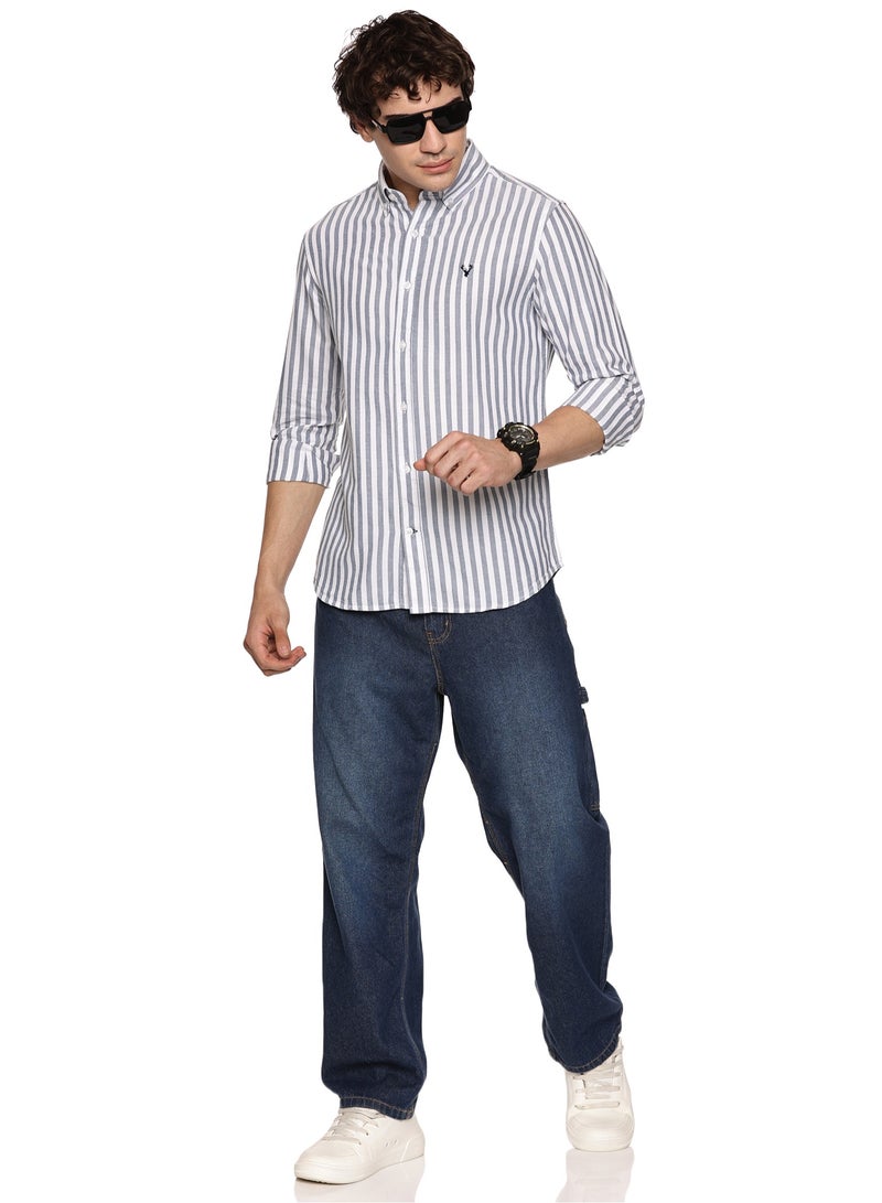 إلكة قميص رجالي بأزرار | قميص كاجوال بقصّة سليم | قمصان أكسفورد بأكمام طويلة للرجال | أكمام أنيقة - أبيض-أزرق داكن - Image 4