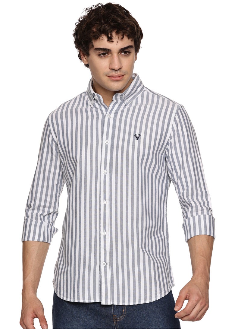 إلكة قميص رجالي بأزرار | قميص كاجوال بقصّة سليم | قمصان أكسفورد بأكمام طويلة للرجال | أكمام أنيقة - أبيض-أزرق داكن - Image 1