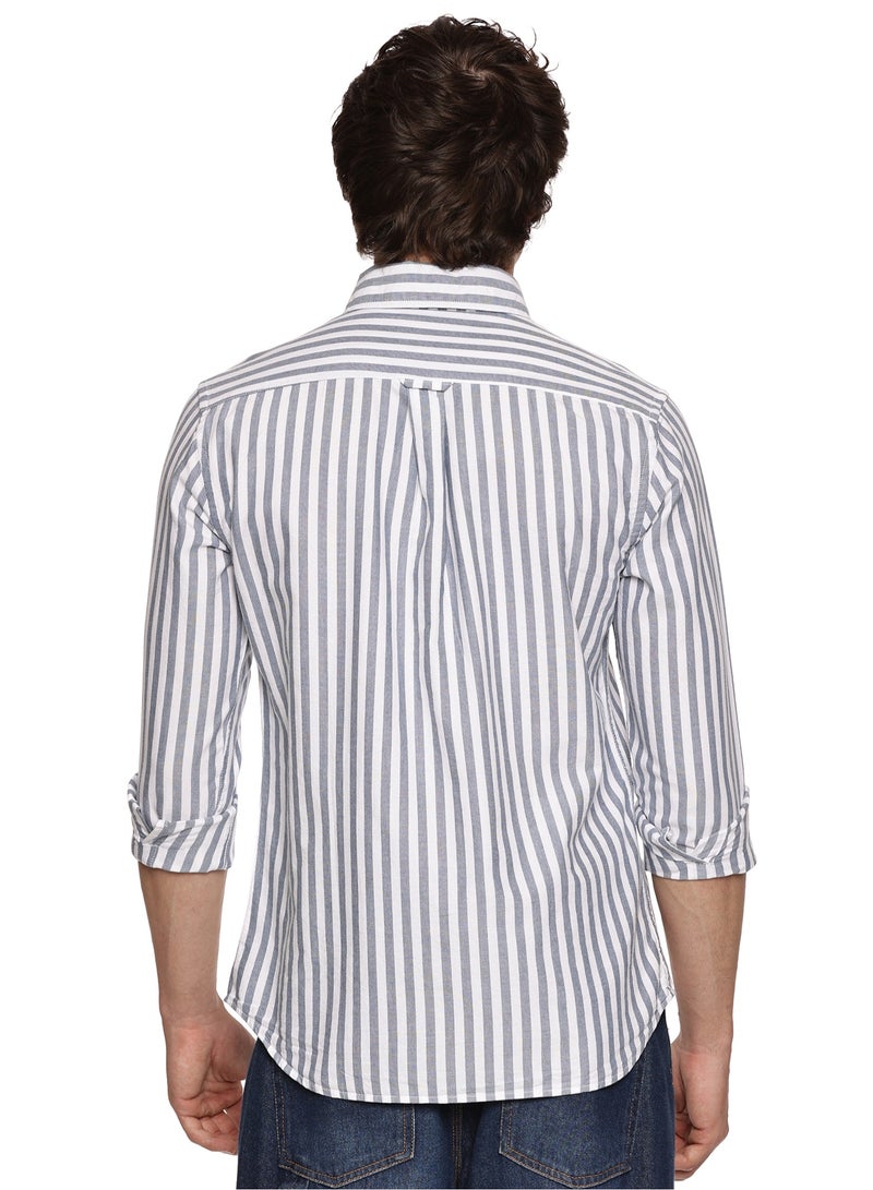 إلكة قميص رجالي بأزرار | قميص كاجوال بقصّة سليم | قمصان أكسفورد بأكمام طويلة للرجال | أكمام أنيقة - أبيض-أزرق داكن - Image 3