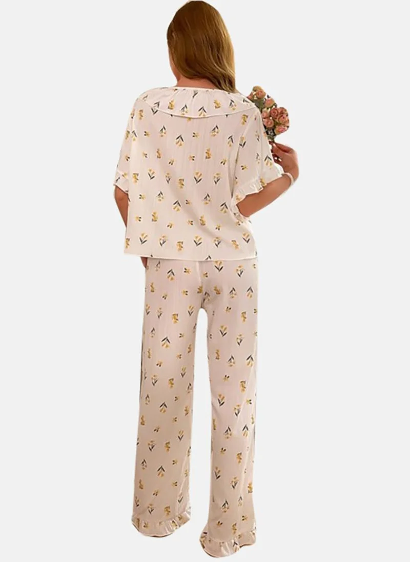 يونيكي Cream Printed Pyjamas & Top