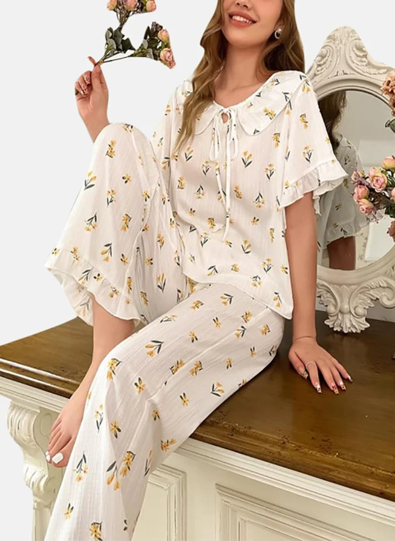 يونيكي Cream Printed Pyjamas & Top