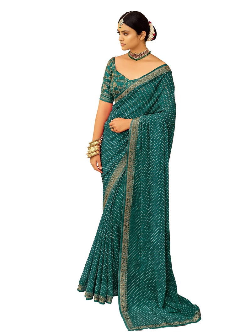 Satrani Women's Bandhani Printed & Embroidery Work In Lace Georgette Saree with Unstitched Blouse Piece(2302SR125_Pine Green, White) - Image 1