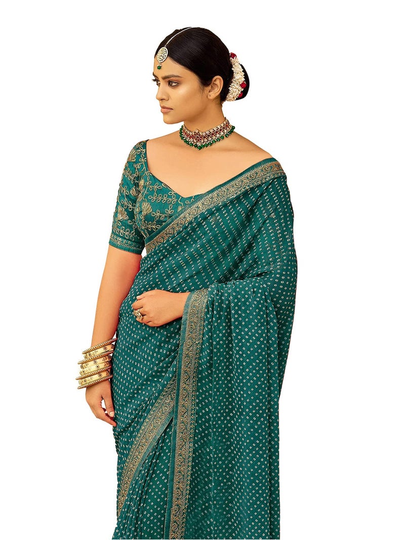 Satrani Women's Bandhani Printed & Embroidery Work In Lace Georgette Saree with Unstitched Blouse Piece(2302SR125_Pine Green, White) - Image 2