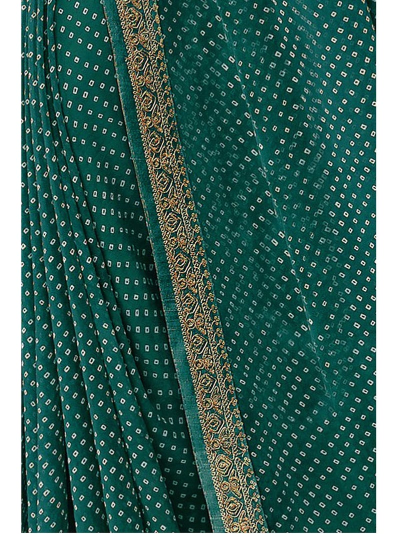 Satrani Women's Bandhani Printed & Embroidery Work In Lace Georgette Saree with Unstitched Blouse Piece(2302SR125_Pine Green, White) - Image 5