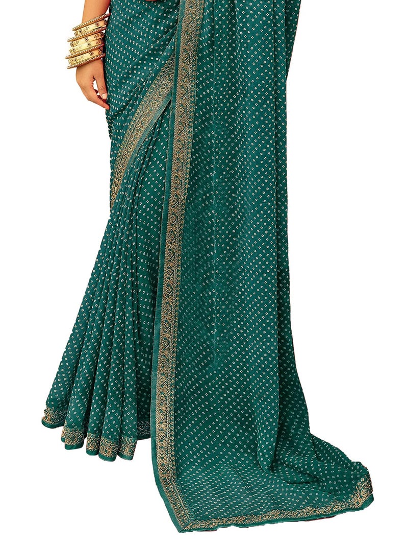 Satrani Women's Bandhani Printed & Embroidery Work In Lace Georgette Saree with Unstitched Blouse Piece(2302SR125_Pine Green, White) - Image 3