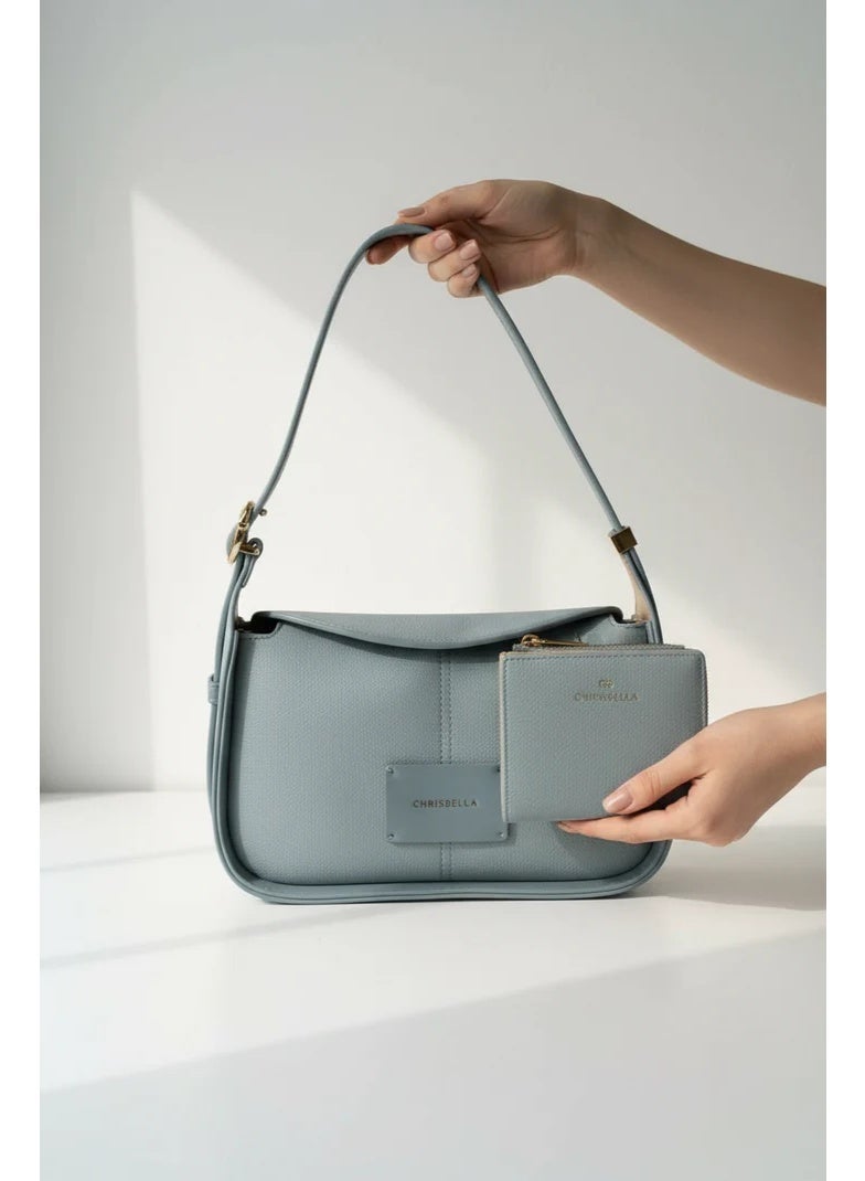 Chrisbella Blue Gray Luxury Shoulder Bag with Adjustable Sling & Matching Wallet – Elegant Textured Hobo Bag for Women - Image 1