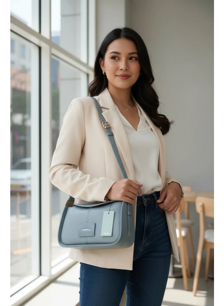 Chrisbella Blue Gray Luxury Shoulder Bag with Adjustable Sling & Matching Wallet – Elegant Textured Hobo Bag for Women - Image 4