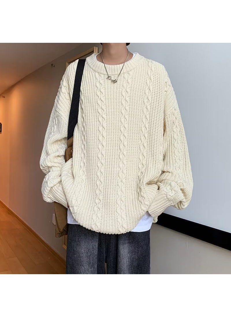 Generic - Loose Mens Knitted Sweater Spring Autumn Winter round Neck Twist Casual Wear Couple Outfit Long Sleeve Wool Blend Knitwear White apricot - Image 1