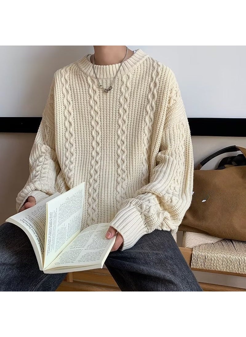 Generic - Loose Mens Knitted Sweater Spring Autumn Winter round Neck Twist Casual Wear Couple Outfit Long Sleeve Wool Blend Knitwear White apricot - Image 1