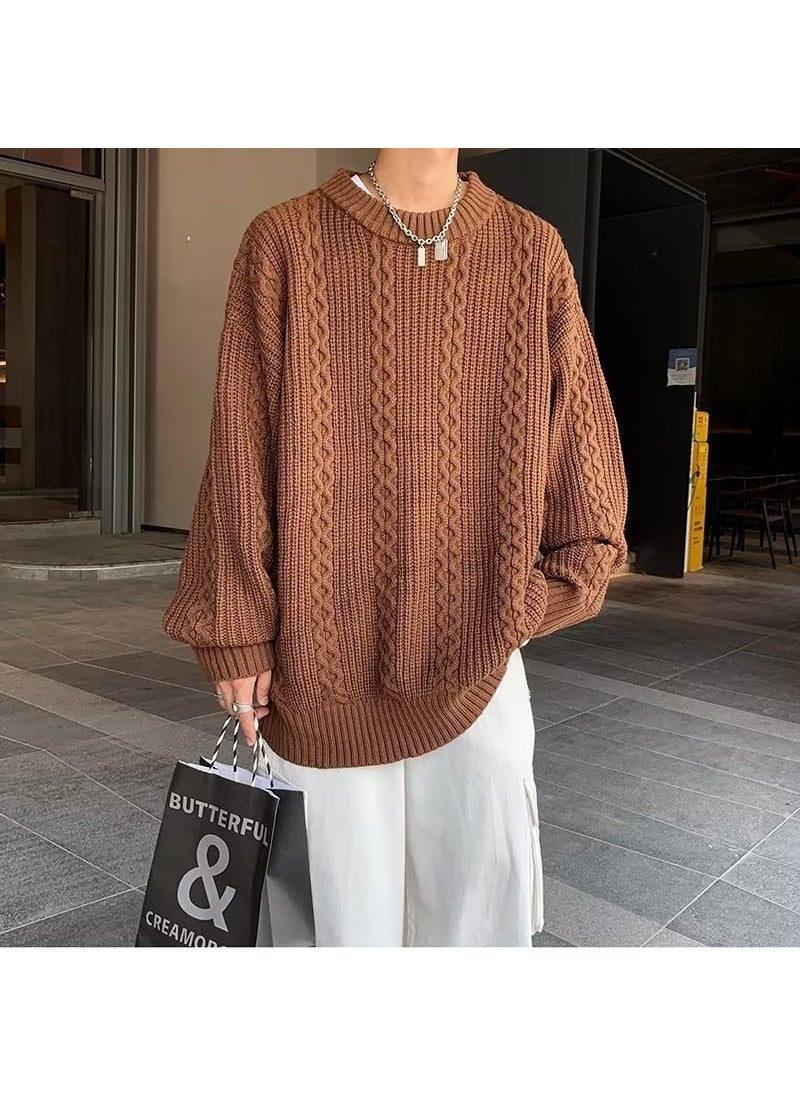 Generic - Loose Mens Knitted Sweater Spring Autumn Winter round Neck Twist Casual Wear Couple Outfit Long Sleeve Wool Blend Knitwear White apricot - Image 1