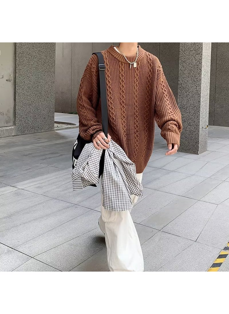 Generic - Loose Mens Knitted Sweater Spring Autumn Winter round Neck Twist Casual Wear Couple Outfit Long Sleeve Wool Blend Knitwear White apricot - Image 1