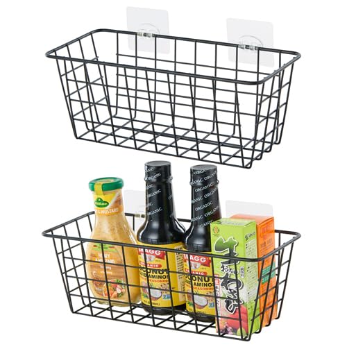 JUNCHU CHERRY JUNCHU CHERRY 2 Pack Hanging Storage Basket  Bathroom Basket  Household Goods Storage Basket  with Traceless Tape  no Drilling  for Cabinet Storage  Kitchen  Bathroom  Storage Room Black - Image 1