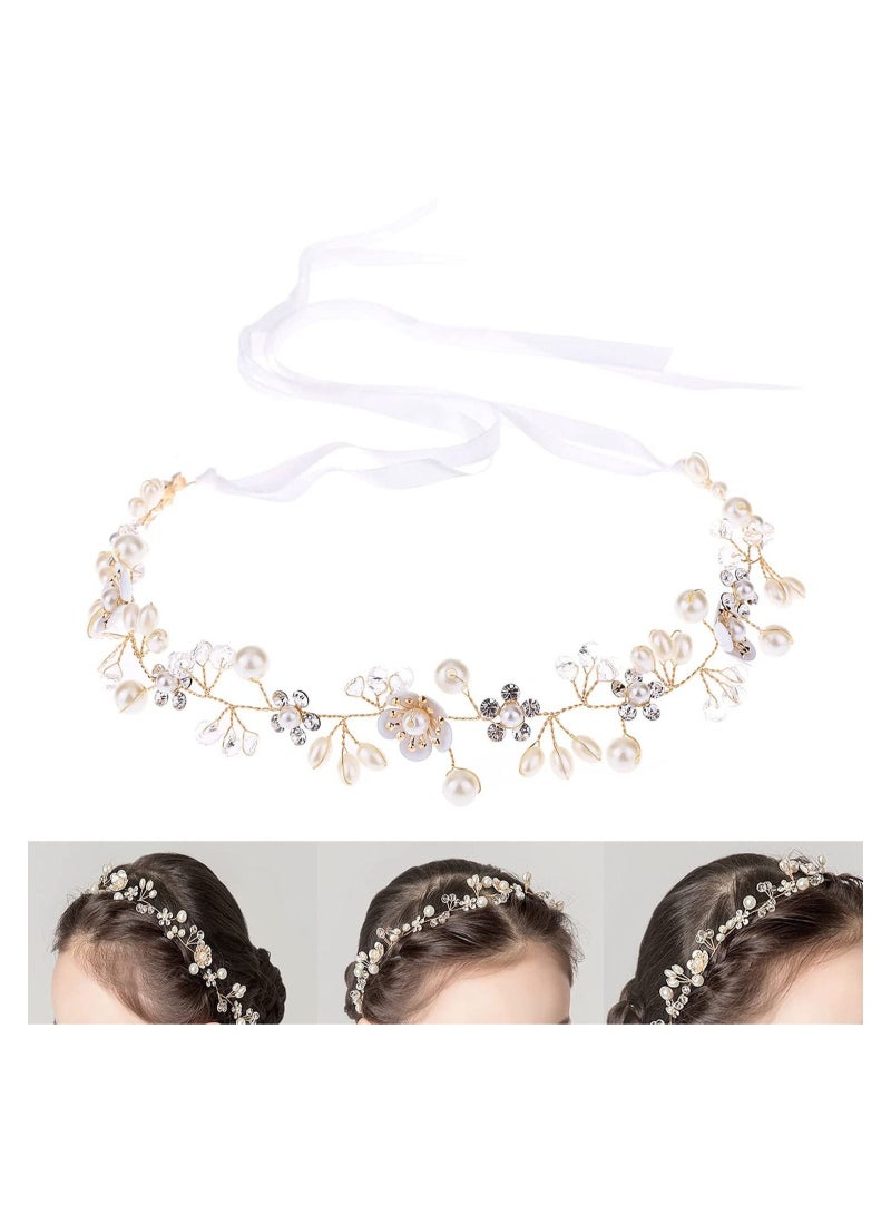 SYOSI Bride Hair Accessory Crystal Pearl Bridal Headband Flower Vine festival Wedding band Gold Headpiece Bands Tiara Accessories for Women Girls Bridesmaid Bohemian bands - Image 1