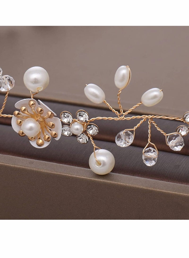 SYOSI Bride Hair Accessory Crystal Pearl Bridal Headband Flower Vine festival Wedding band Gold Headpiece Bands Tiara Accessories for Women Girls Bridesmaid Bohemian bands - Image 5