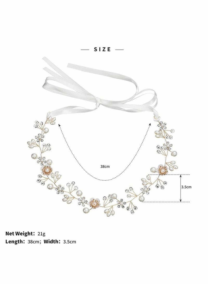 SYOSI Bride Hair Accessory Crystal Pearl Bridal Headband Flower Vine festival Wedding band Gold Headpiece Bands Tiara Accessories for Women Girls Bridesmaid Bohemian bands - Image 3