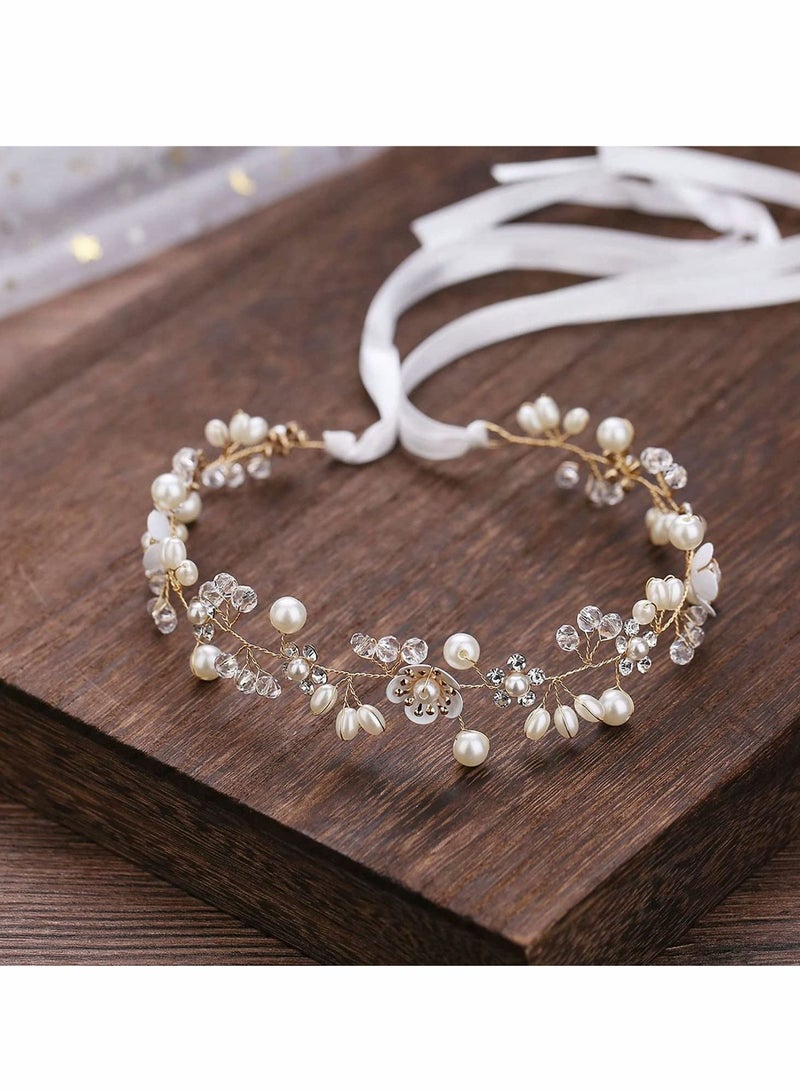 SYOSI Bride Hair Accessory Crystal Pearl Bridal Headband Flower Vine festival Wedding band Gold Headpiece Bands Tiara Accessories for Women Girls Bridesmaid Bohemian bands - Image 4