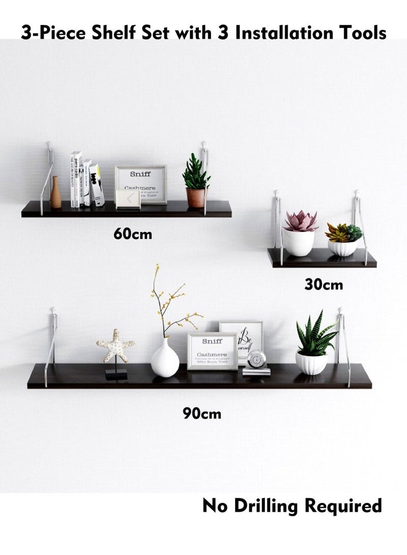 KIIUMI 3-Piece Home Book Shelves Set Floating Shelves for Wall Hanging Wood Shelf Wooden Shelves with Metal Brackets Hanging Shelf Wall Organizers for Home Black Color Free Installation Tool - Image 4