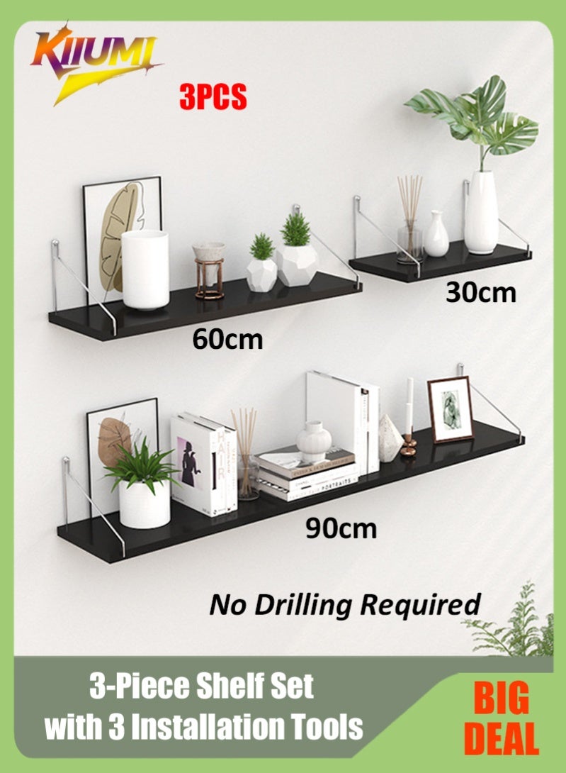 KIIUMI 3-Piece Home Book Shelves Set Floating Shelves for Wall Hanging Wood Shelf Wooden Shelves with Metal Brackets Hanging Shelf Wall Organizers for Home Black Color Free Installation Tool - Image 1