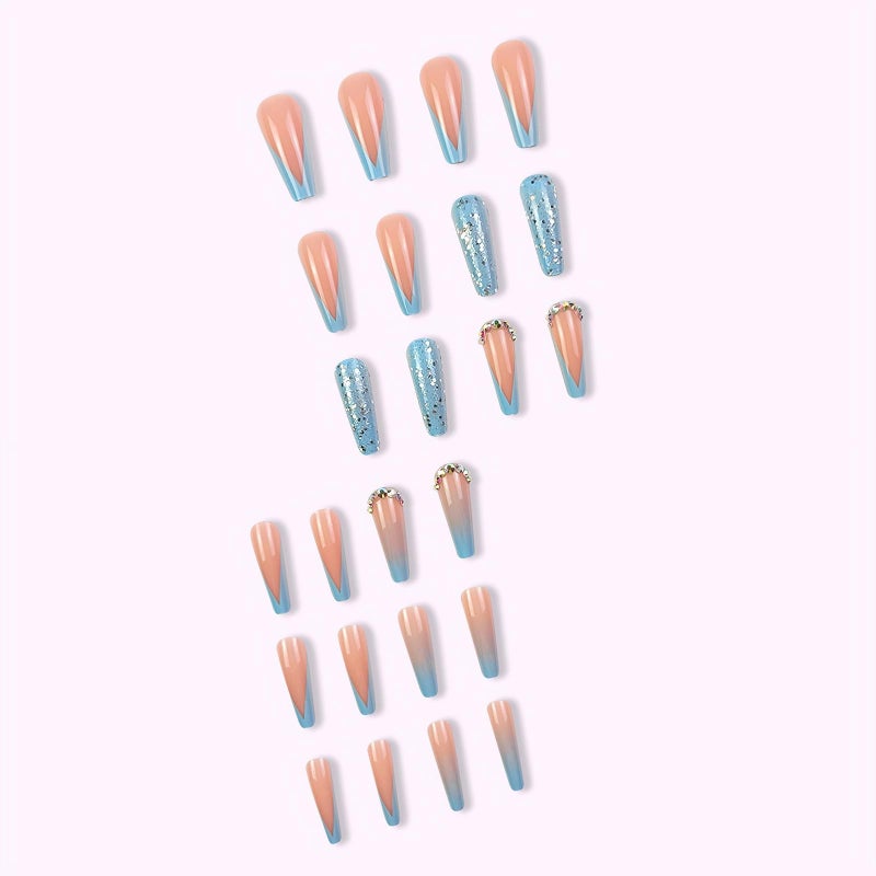 MISUD Press on Nails - Long Coffin Glue on Nails with Summer Blue, Acrylic French Tip Design 24 pcs - Image 4