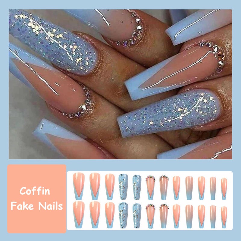 MISUD Press on Nails - Long Coffin Glue on Nails with Summer Blue, Acrylic French Tip Design 24 pcs - Image 5