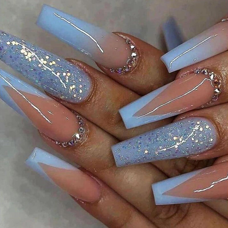 MISUD Press on Nails - Long Coffin Glue on Nails with Summer Blue, Acrylic French Tip Design 24 pcs - Image 1