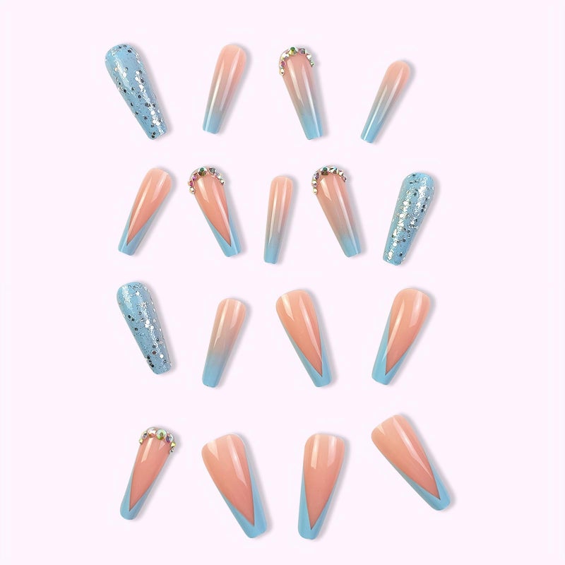 MISUD Press on Nails - Long Coffin Glue on Nails with Summer Blue, Acrylic French Tip Design 24 pcs - Image 3