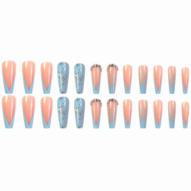 MISUD Press on Nails - Long Coffin Glue on Nails with Summer Blue, Acrylic French Tip Design 24 pcs - Image 2