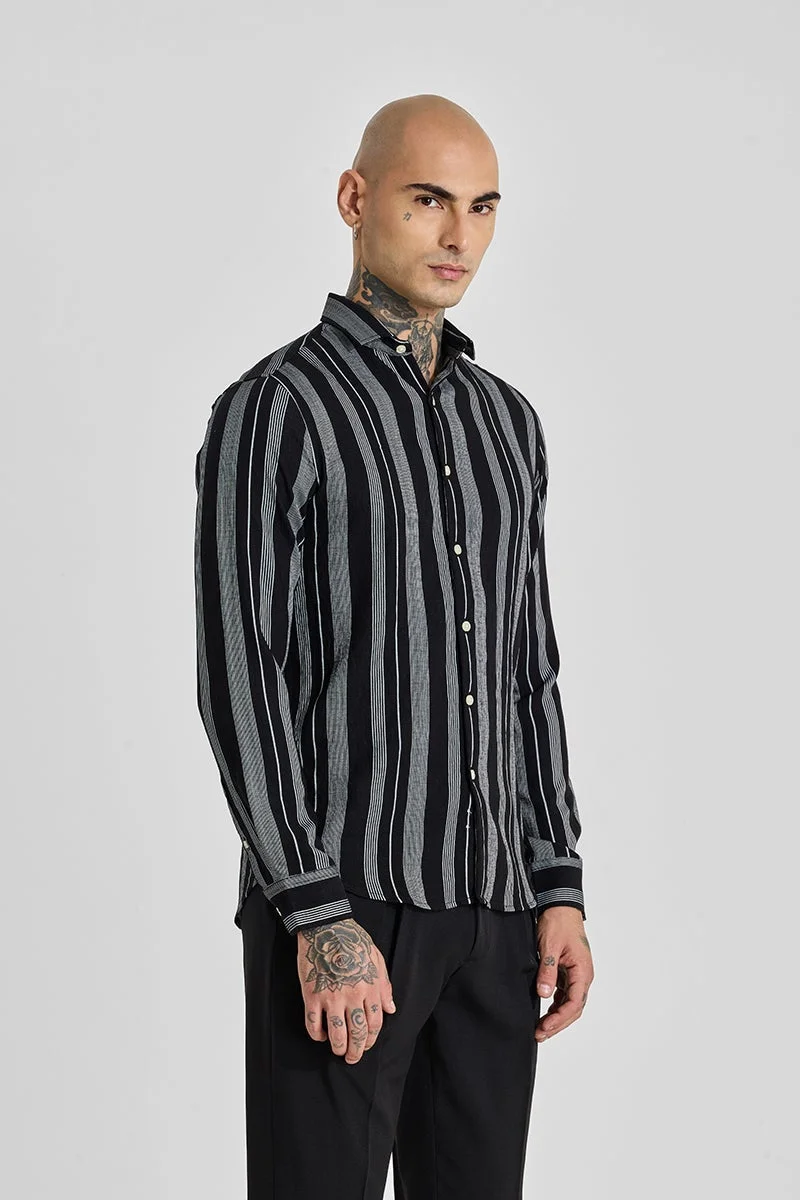 سنيتش Black Striped Long Sleeve Slim Fit Shirt