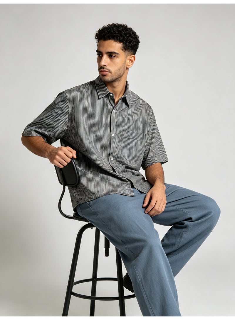 زارا ZARA Men’s Dark Vertical Stripe Oversized Short Sleeve Button Shirt - Image 5