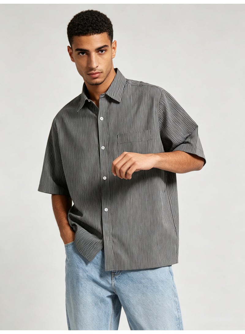 زارا ZARA Men’s Dark Vertical Stripe Oversized Short Sleeve Button Shirt - Image 2