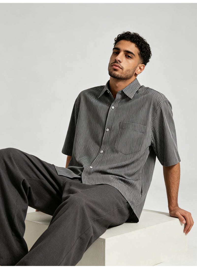 زارا ZARA Men’s Dark Vertical Stripe Oversized Short Sleeve Button Shirt - Image 1