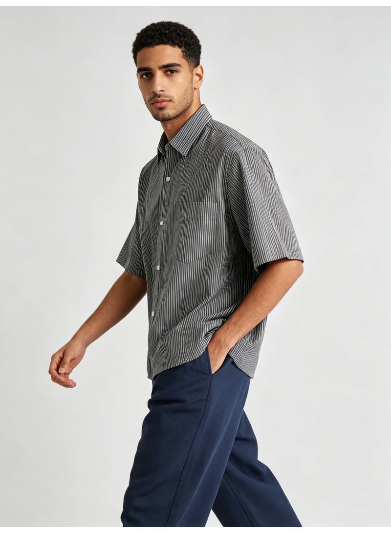 زارا ZARA Men’s Dark Vertical Stripe Oversized Short Sleeve Button Shirt - Image 3