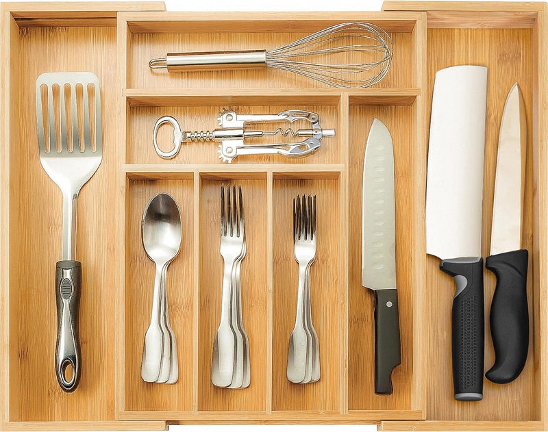 ABOUT SPACE Expandable Bamboo Kitchen Drawer Organisers with Trays Dividers For Kitchen Storage, Cutlery Tray for Stationery, Cosmetics with Compartments (L 32.5-51.5 x B 41 x H 5 cm) - Image 1
