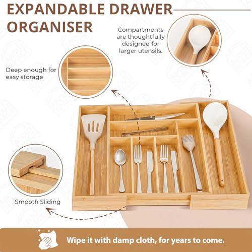 ABOUT SPACE Expandable Bamboo Kitchen Drawer Organisers with Trays Dividers For Kitchen Storage, Cutlery Tray for Stationery, Cosmetics with Compartments (L 32.5-51.5 x B 41 x H 5 cm) - Image 3