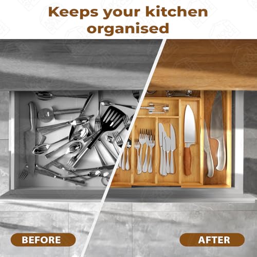 ABOUT SPACE Expandable Bamboo Kitchen Drawer Organisers with Trays Dividers For Kitchen Storage, Cutlery Tray for Stationery, Cosmetics with Compartments (L 32.5-51.5 x B 41 x H 5 cm) - Image 5