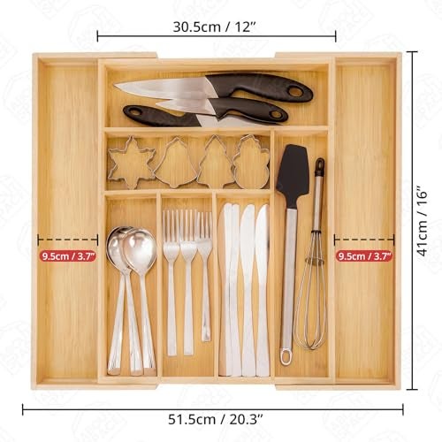 ABOUT SPACE Expandable Bamboo Kitchen Drawer Organisers with Trays Dividers For Kitchen Storage, Cutlery Tray for Stationery, Cosmetics with Compartments (L 32.5-51.5 x B 41 x H 5 cm) - Image 2